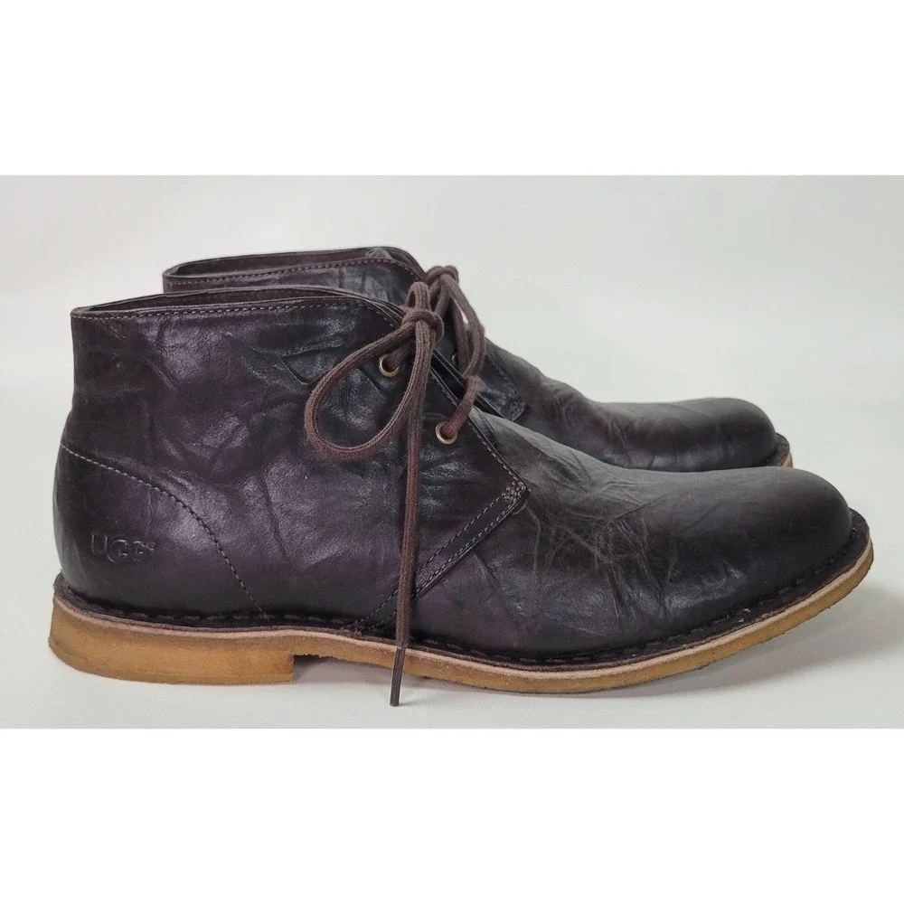 UGG Australia Leighton Mens Dark Brown Crinkled Leather Chukka Desert Boots 11.5